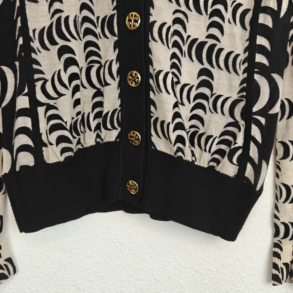 Tory Burch Black & Cream Graphic Wool Cardigan XS | Chic Button Front Statement
